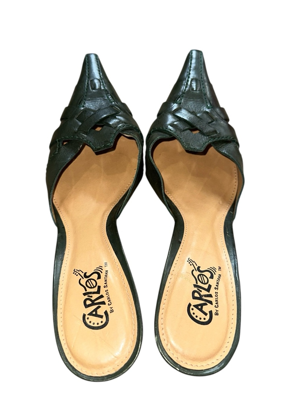 Carlos Carlos Santana Dark Green Woven Pointy Toe 3 “ Heel Mule Y2K Size 7.5 - Picture 7 of 9